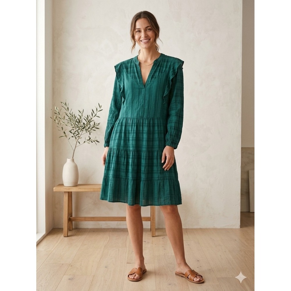 Anthropologie Amadi Womens L Teal Green Dress Boho Tiered Ruffle Babydol Peasant